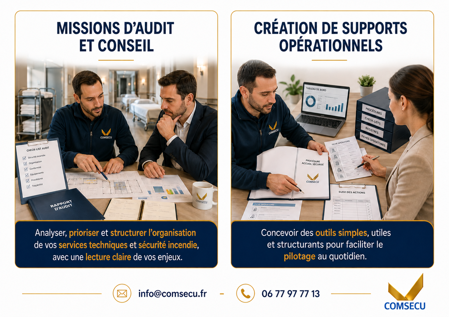 Audit destiné aux directions souhaitant disposer d’une vision objective de leur organisation, de leurs pratiques et de leurs priorités. L’intervention peut porter sur l’exploitation-maintenance, les contrôles réglementaires, les contrats, la sécurité incendie, la sécurité constructive, l’organisation des équipes, les responsabilités, les méthodes et les outils de pilotage. L’objectif est d’identifier les écarts et les axes d’amélioration afin de structurer une organisation adaptée aux enjeux réels de l’établissement. Création, structuration et évolution des supports nécessaires au pilotage des services techniques et sécurité incendie : procédures, registres, tableaux de bord, plans d’action, dossiers d’intervention, outils de suivi et supports opérationnels. L’intervention peut également accompagner la transition de fichiers et méthodes de suivi dispersés vers des outils numériques mieux adaptés, afin de fiabiliser l’information, faciliter son exploitation et renforcer le pilotage quotidien.