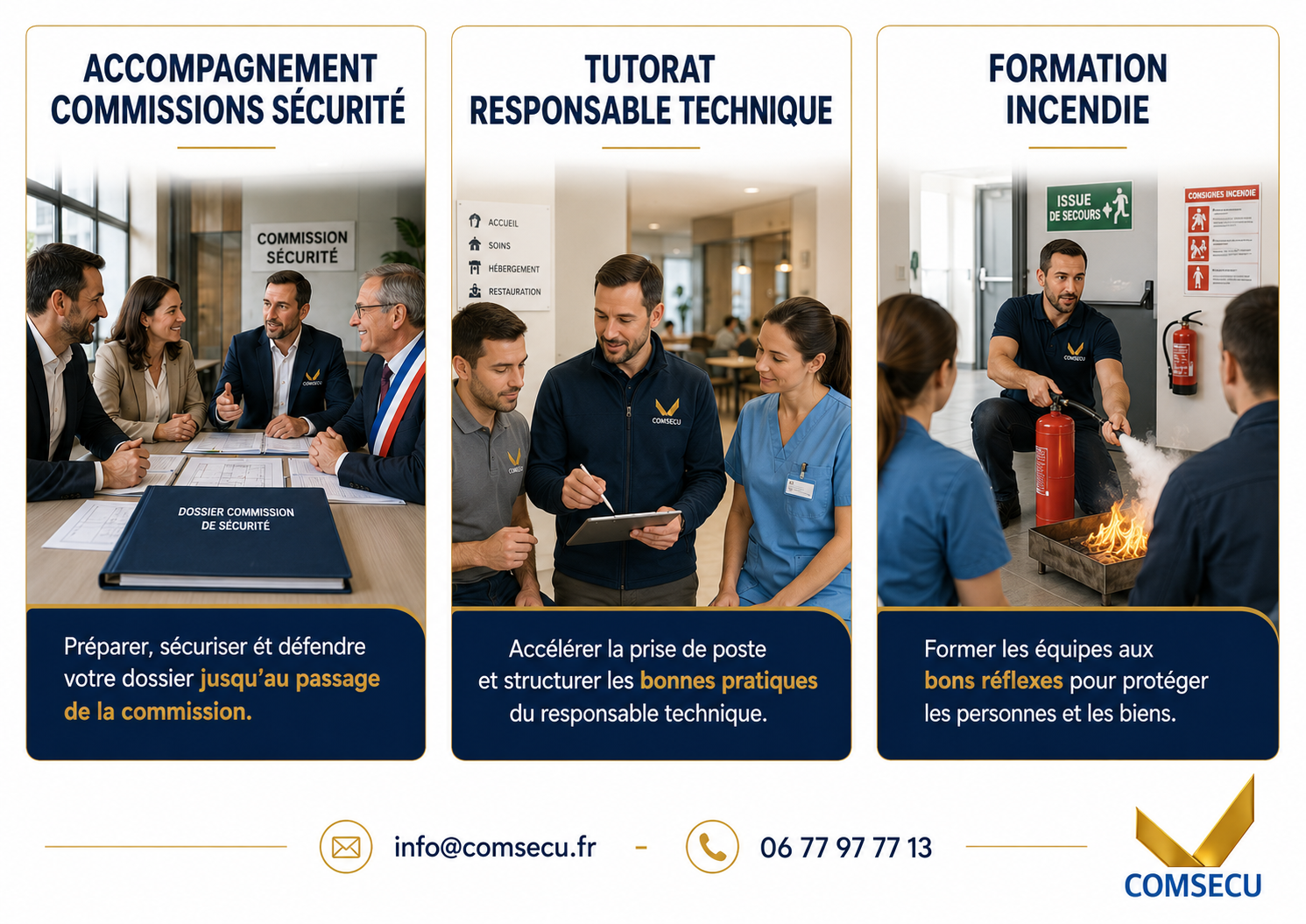Accompagnement des directions et responsables d’établissements dans la préparation des commissions de sécurité d’ouverture, périodiques ou de contre-visite. La mission peut comprendre un audit préparatoire, l’analyse des observations et documents réglementaires, la préparation du dossier, la coordination des actions nécessaires, l’accompagnement le jour de la commission et le suivi des éventuelles prescriptions. L’objectif est d’anticiper l’échéance et de présenter une situation maîtrisée et documentée. Accompagnement des responsables techniques ERP en prise de fonction, évolution professionnelle, montée en compétence ou reconversion. Des modules de découverte métier peuvent également être proposés aux étudiants en IUT et BTS afin de mieux appréhender la fonction, ses responsabilités et ses perspectives, ainsi qu’aux professionnels issus d’autres environnements souhaitant construire une passerelle vers les métiers de l’exploitation technique en ERP. Formations incendie adaptées aux établissements recevant du public et à leurs contraintes d’exploitation, notamment dans les environnements comportant des locaux à sommeil. Les sessions peuvent intégrer l’alerte, le maniement des extincteurs, l’évacuation, le transfert horizontal et les conduites à tenir face à un départ de feu. Elles visent à répondre aux obligations de formation tout en développant des réflexes opérationnels adaptés aux personnels, aux occupants et à l’organisation de l’établissement.