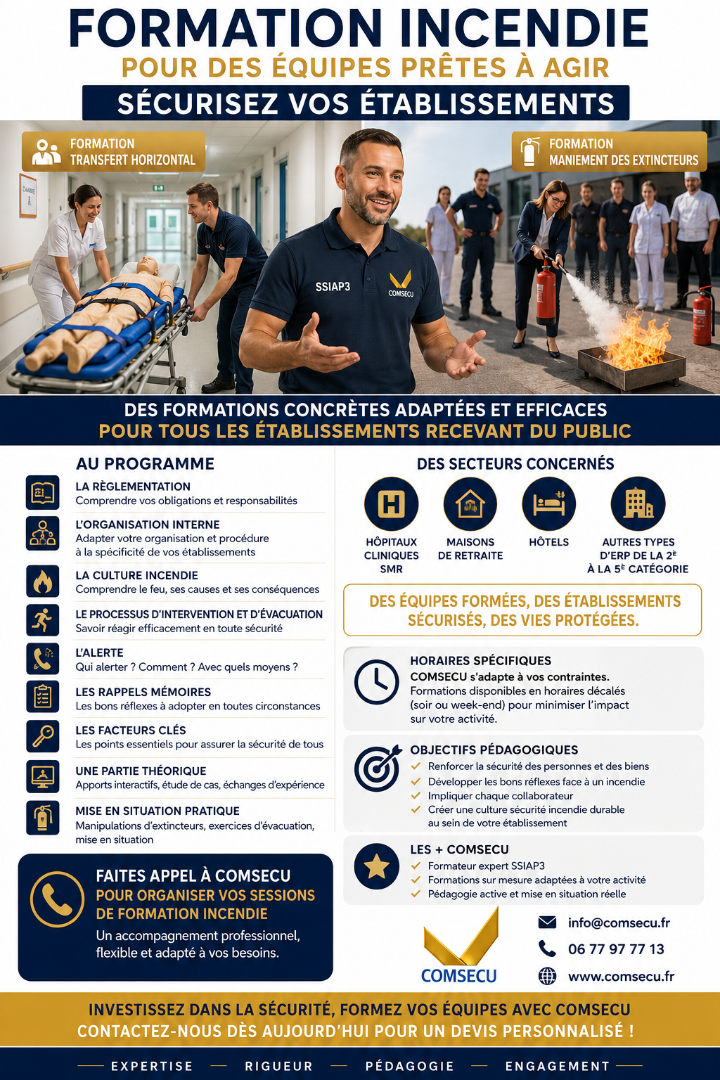 Formations incendie adaptées aux établissements recevant du public et à leurs contraintes d’exploitation, notamment dans les environnements comportant des locaux à sommeil. Les sessions peuvent intégrer l’alerte, le maniement des extincteurs, l’évacuation, le transfert horizontal et les conduites à tenir face à un départ de feu. Elles visent à répondre aux obligations de formation tout en développant des réflexes opérationnels adaptés aux personnels, aux occupants et à l’organisation de l’établissement.